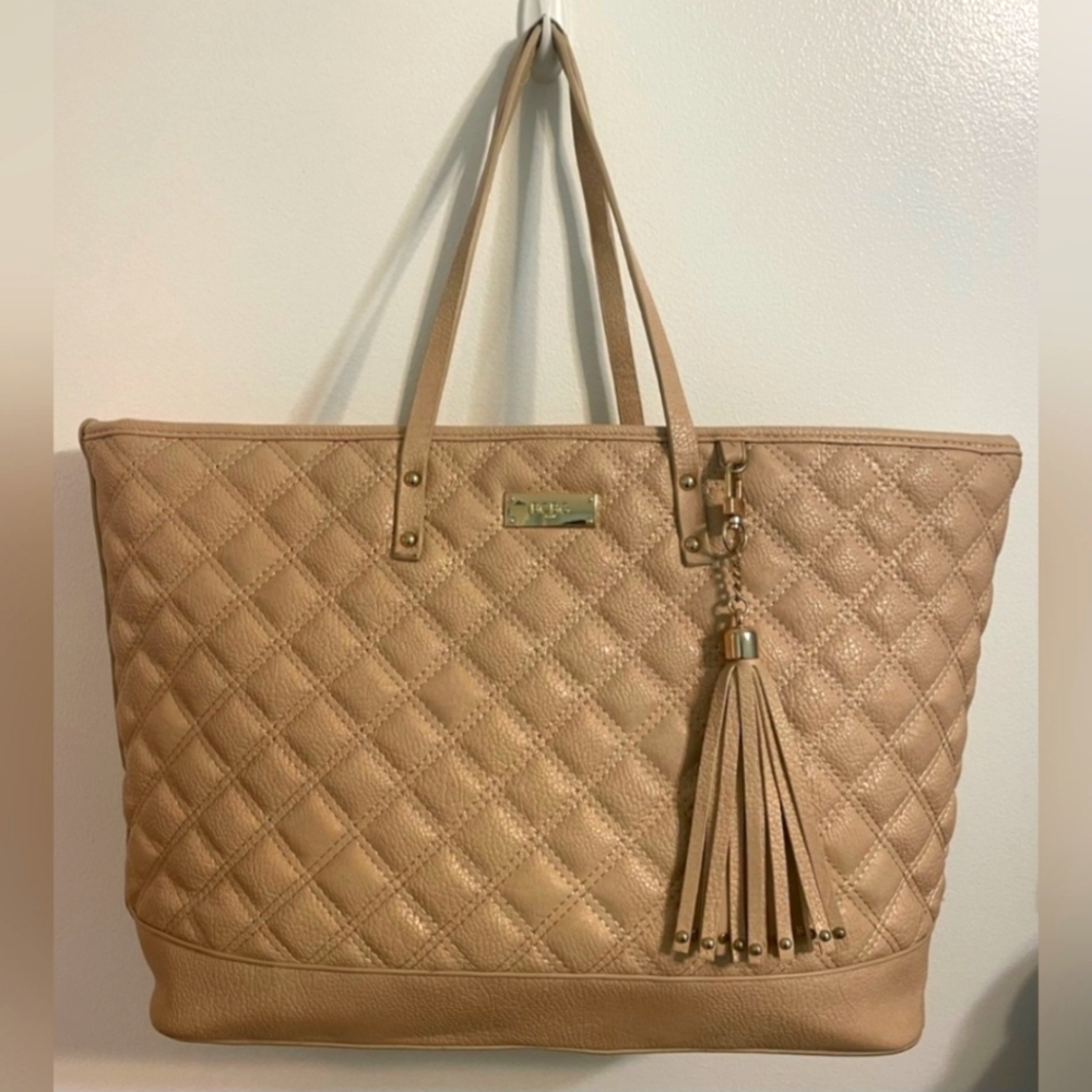Tan BCBG Paris Tote Quilted Faux Leather with Detachable Tassle  Key Chain